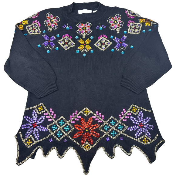 VTG‎ Sweater Dress 18/20 Black 80s Jeweled Beaded Whimisgoth Glam *SEE PIC** - Picture 1 of 16